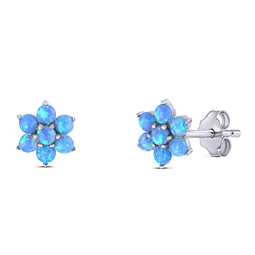 Art Deco Round Flower Design Stud Earring Created Blue Opal Solid 925 Sterling Silver (6.3mm)